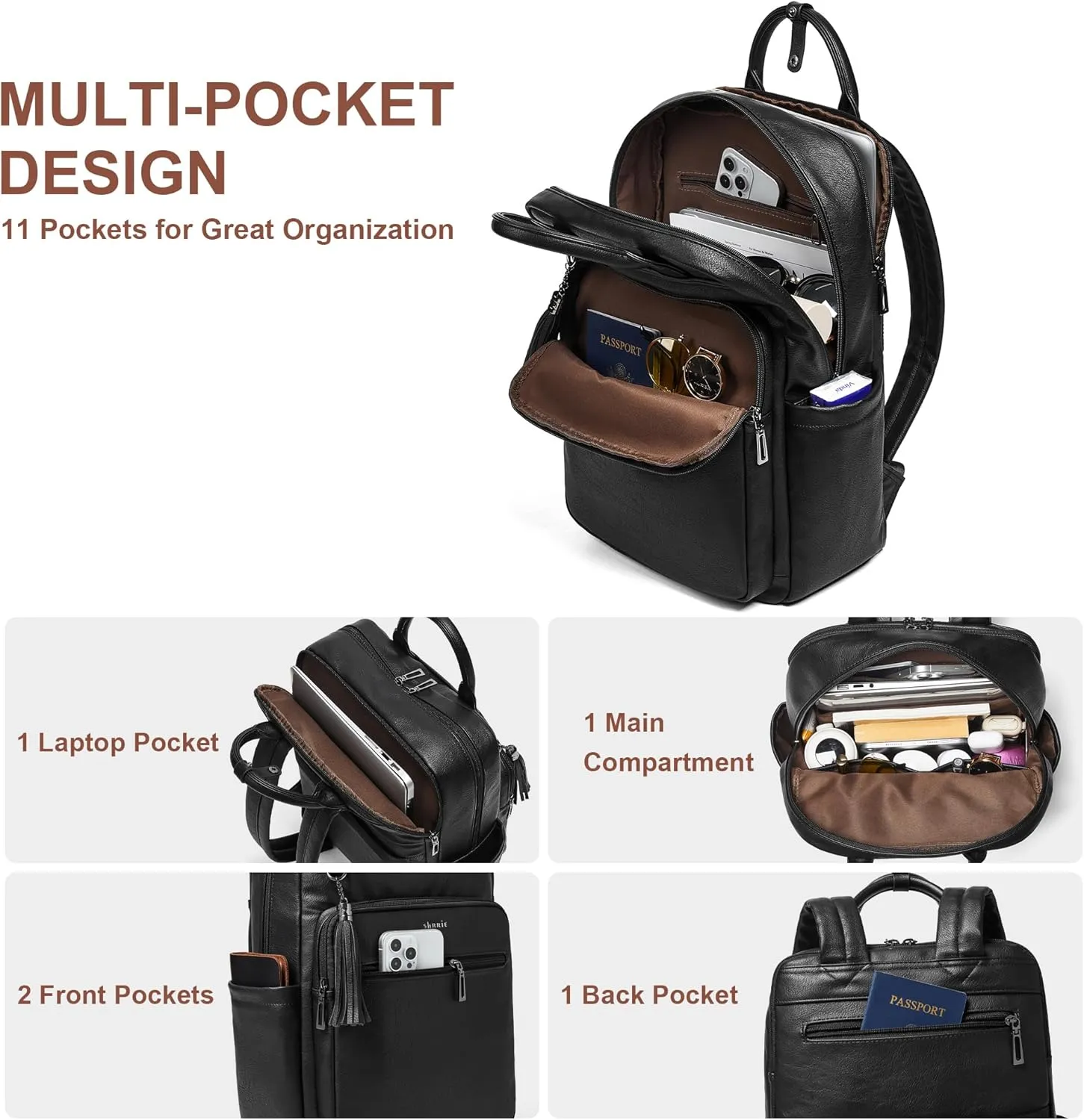 Shrrie Laptop Backpack for Women 15.6 inch Travel Leather Backpack Purse Work Computer Backpacks for Business College Black