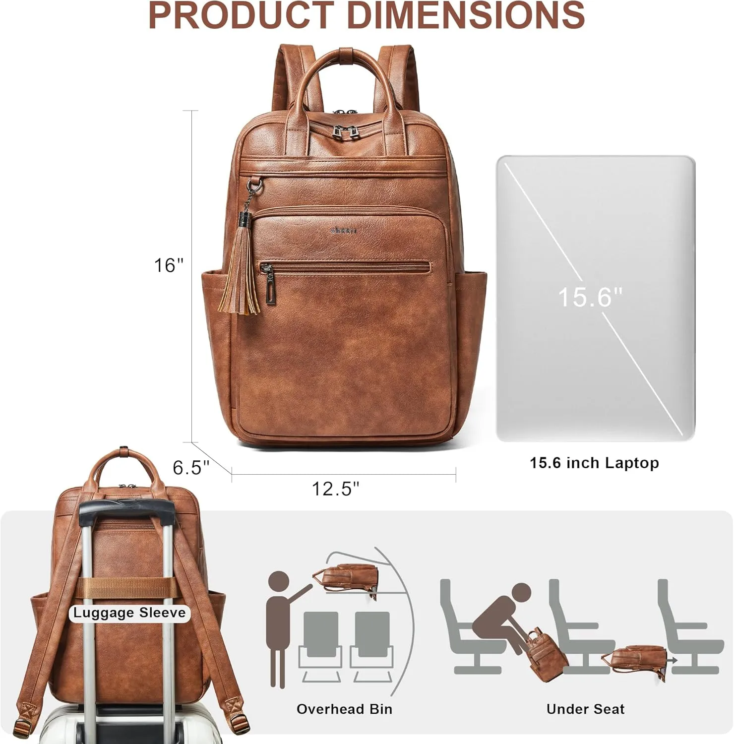 Shrrie Laptop Backpack for Women 15.6 inch Travel Leather Backpack Purse Work Computer Backpacks for Business College Brown