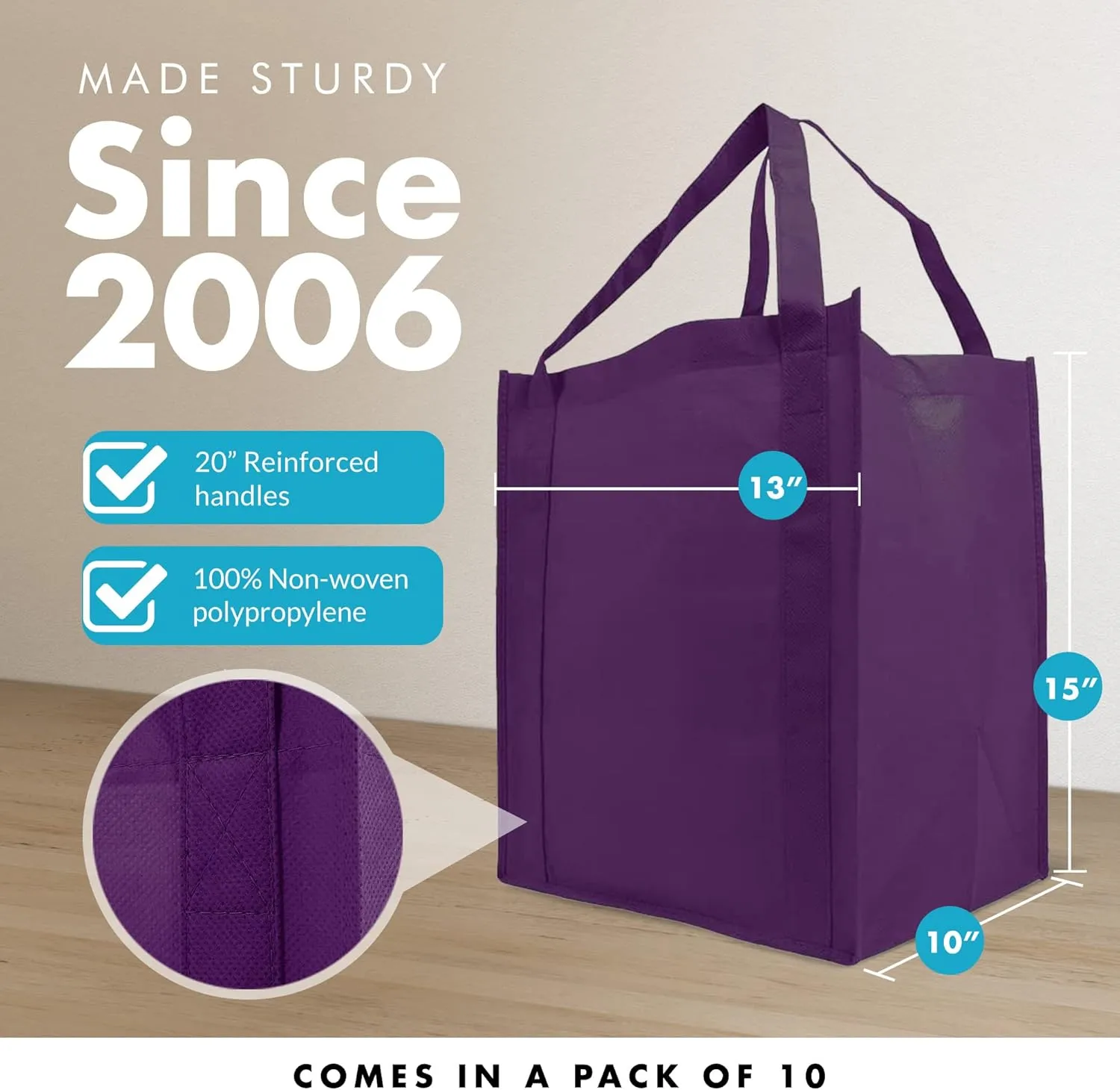 Simply Green Solutions - Reusable Grocery Bags, Wide Tote Bags with 20-Inch Reinforced Handle, Shopping Bags for Groceries, Reusable Gift Bags with Handles, 13 x 15 x 10, Pack of 10, Deep Purple