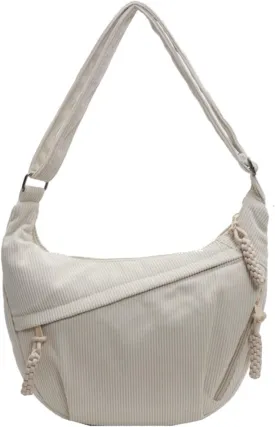 Sling Crossbody Bag for Women - Corduroy Dumpling Underarm Purse With Zipper, Crescent Satchel Shoulder Handbag, Hobo Style - White
