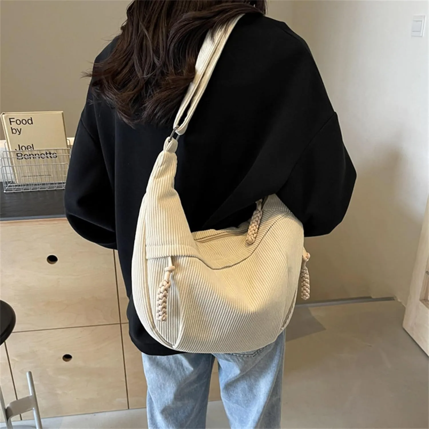 Sling Crossbody Bag for Women - Corduroy Dumpling Underarm Purse With Zipper, Crescent Satchel Shoulder Handbag, Hobo Style - White