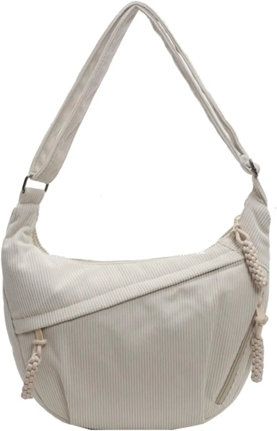 Sling Crossbody Bag for Women - Corduroy Dumpling Underarm Purse With Zipper, Crescent Satchel Shoulder Handbag, Hobo Style - White