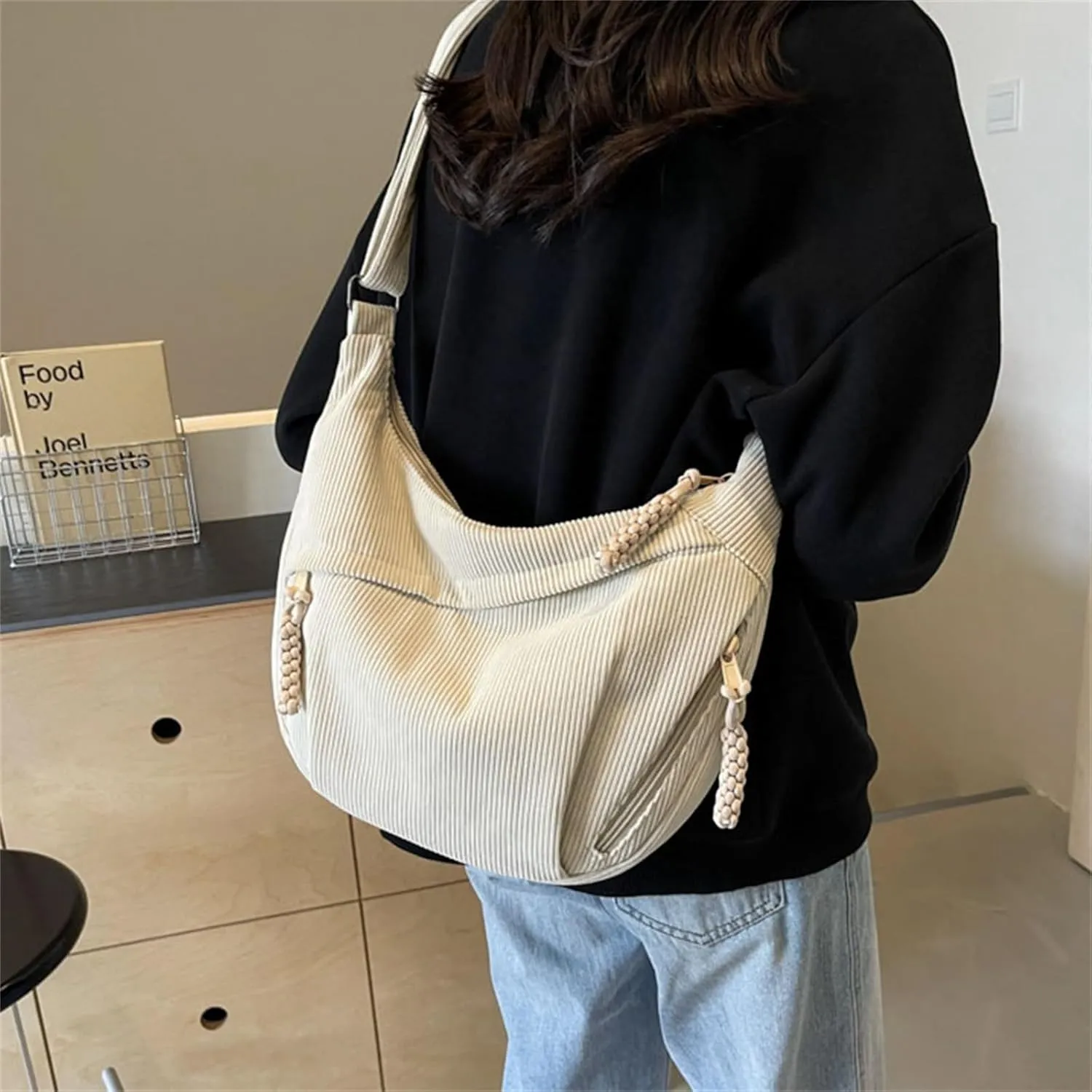 Sling Crossbody Bag for Women - Corduroy Dumpling Underarm Purse With Zipper, Crescent Satchel Shoulder Handbag, Hobo Style - White