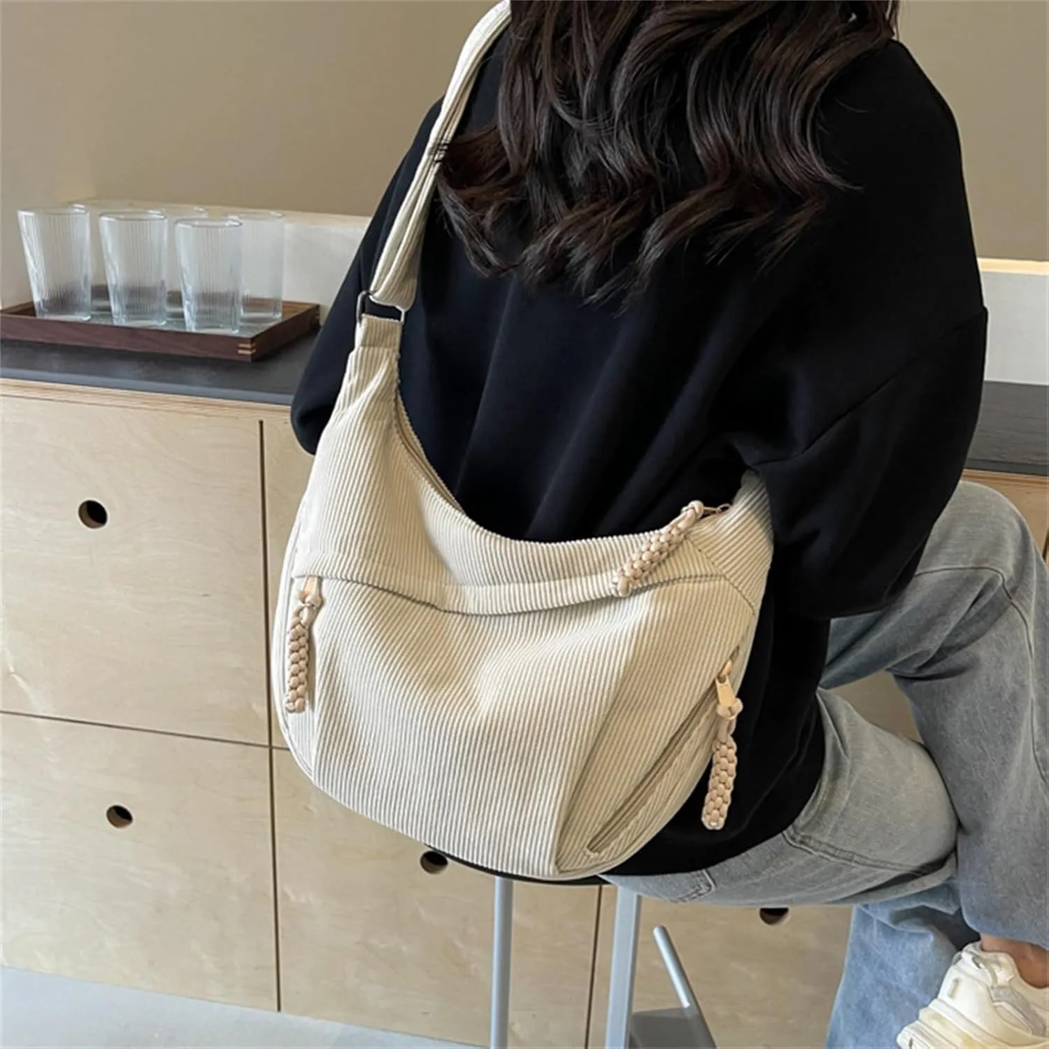 Sling Crossbody Bag for Women - Corduroy Dumpling Underarm Purse With Zipper, Crescent Satchel Shoulder Handbag, Hobo Style - White