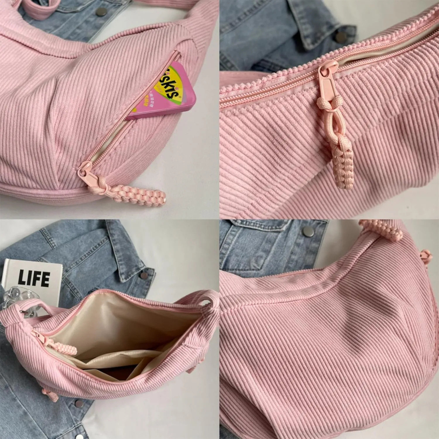 Sling Crossbody Bag for Women - Corduroy Dumpling Underarm Purse With Zipper, Crescent Satchel Shoulder Handbag, Hobo Style - White