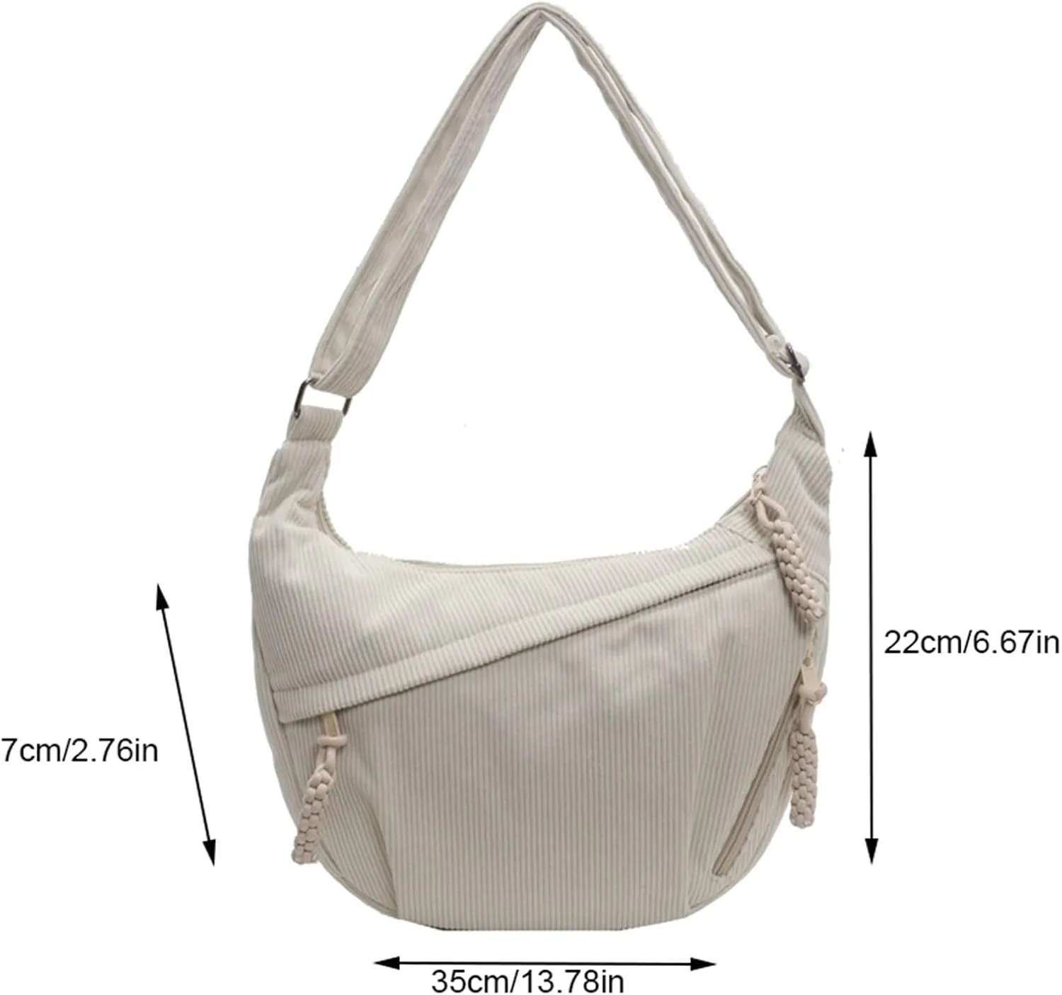 Sling Crossbody Bag for Women - Corduroy Dumpling Underarm Purse With Zipper, Crescent Satchel Shoulder Handbag, Hobo Style - White