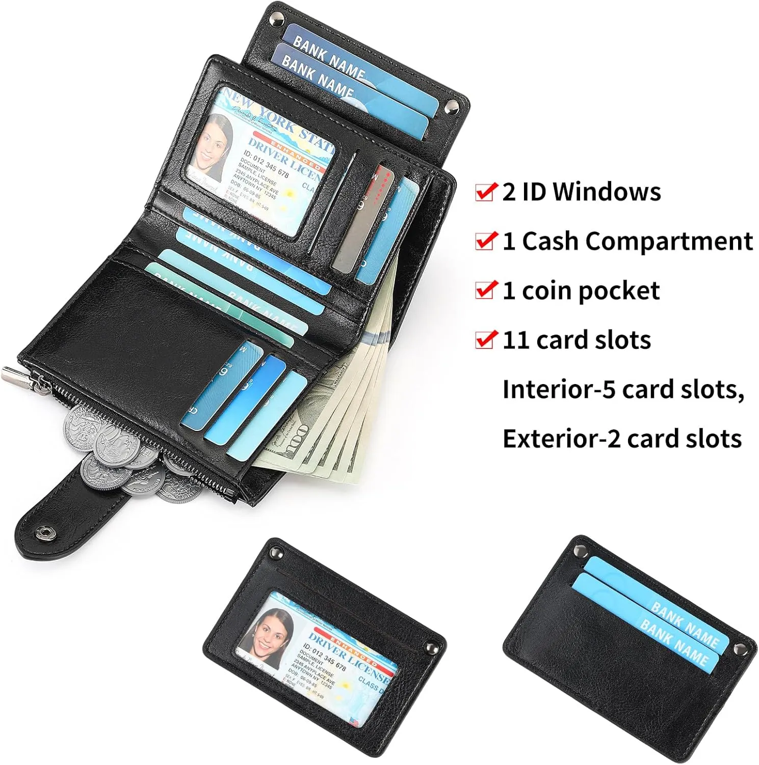 Small Womens Wallet Compact Leather RFID Blocking Zipper Coin Pocket Card Holder Bifold Ladies Purse with ID Window
