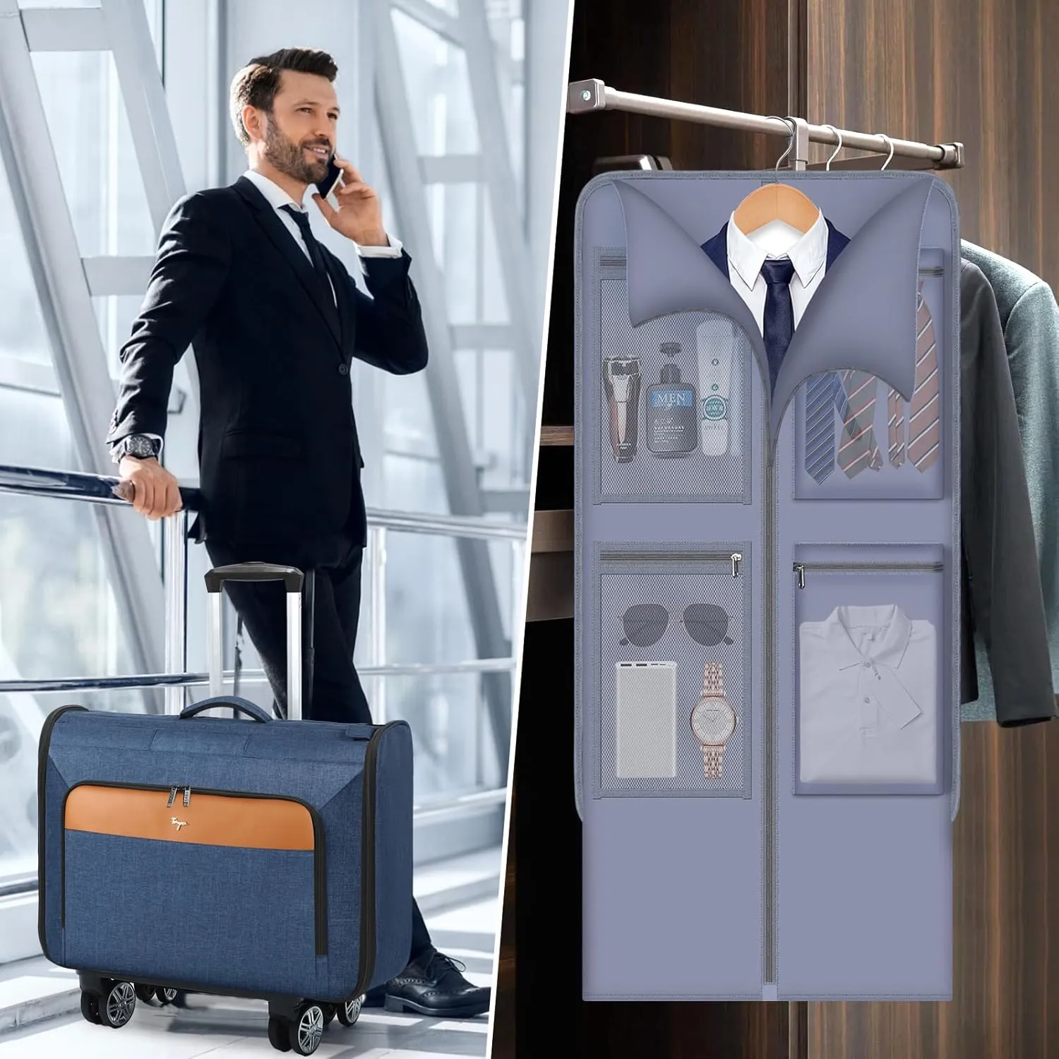 Softside Rolling Garment Bags, Large Rolling Duffle Garment Bag with Wheels, 3 in 1 Carry On Garment Suit Luggage Bag for Women MenBusiness Travel Weekender, Blue