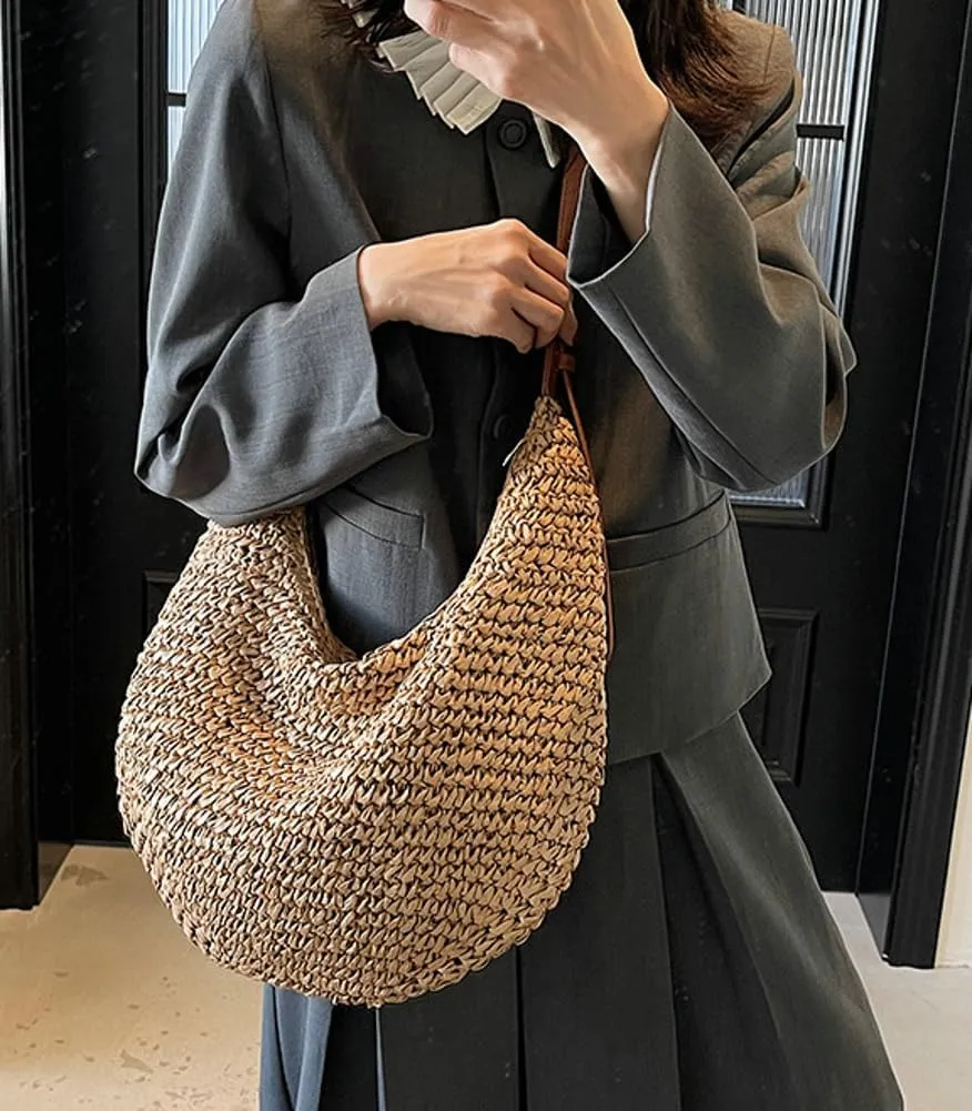 Straw Crescent Crossbody Bag for Women 2025 Summer Beach Woven Shoulder Purse Slouchy Boho Tote Bag Large Capacity