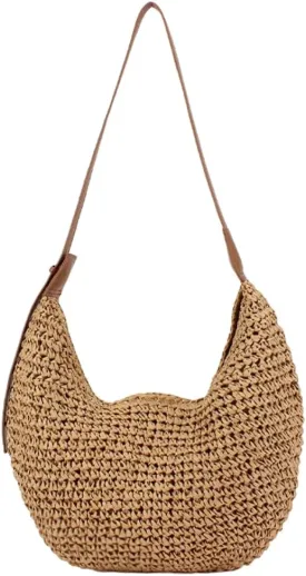 Straw Crescent Crossbody Bag for Women 2025 Summer Beach Woven Shoulder Purse Slouchy Boho Tote Bag Large Capacity