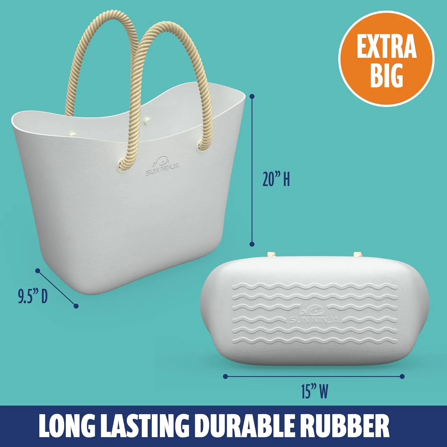 SUN NINJA Rubber Beach Bag - Extra Large Waterproof EVA Tote Bag with Comfortable Rope Handles for Beach, Boat, Pool, Outdoors & Travel - Washable, Sandproof & Anti-Skid Bottom Grip - Grey