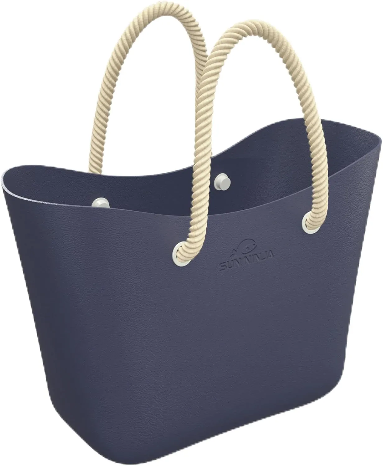 SUN NINJA Rubber Beach Bag - Extra Large Waterproof EVA Tote Bag with Comfortable Rope Handles for Beach, Boat, Pool, Outdoors & Travel - Washable, Sandproof & Anti-Skid Bottom Grip - Navy Blue, Tote
