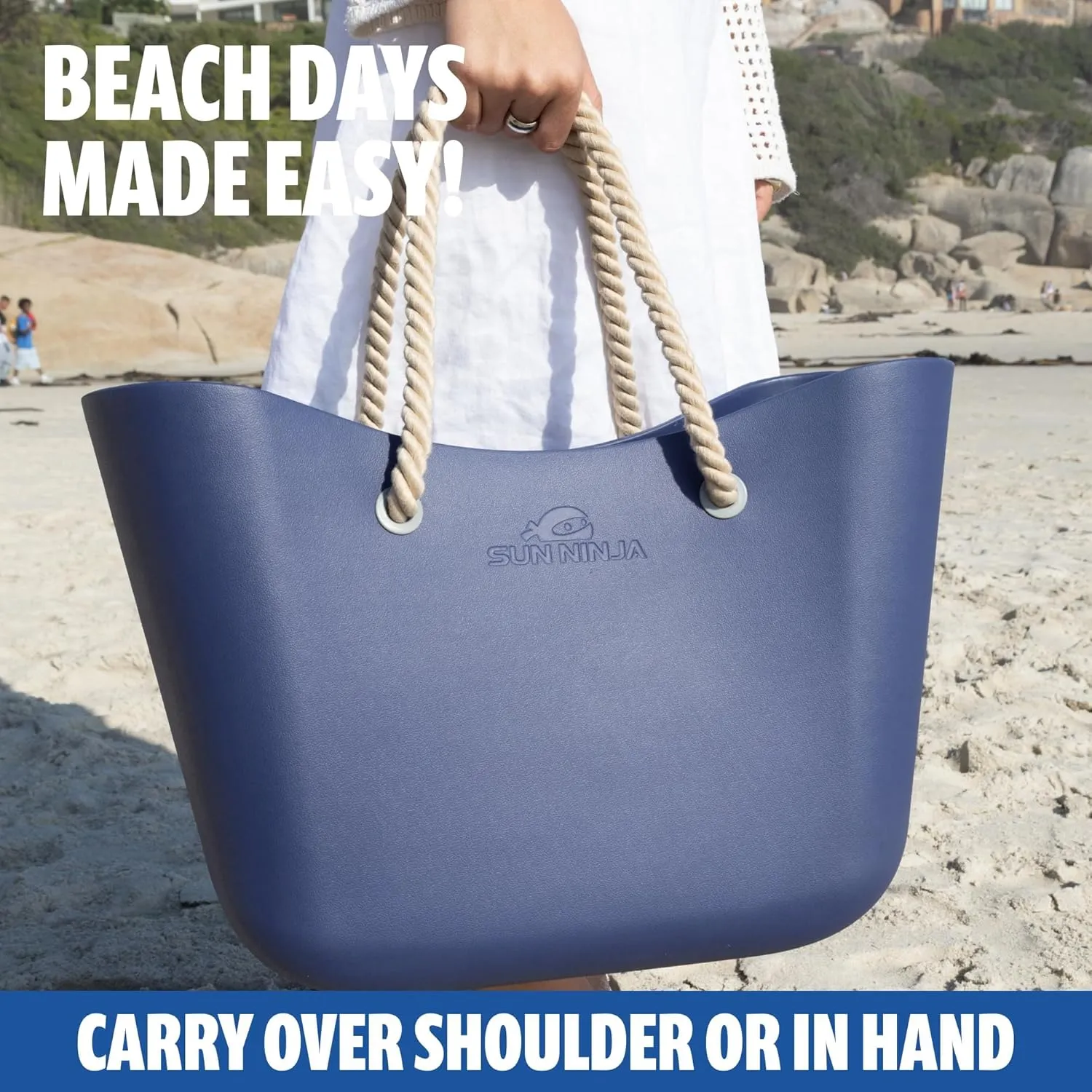SUN NINJA Rubber Beach Bag - Extra Large Waterproof EVA Tote Bag with Comfortable Rope Handles for Beach, Boat, Pool, Outdoors & Travel - Washable, Sandproof & Anti-Skid Bottom Grip - Navy Blue, Tote