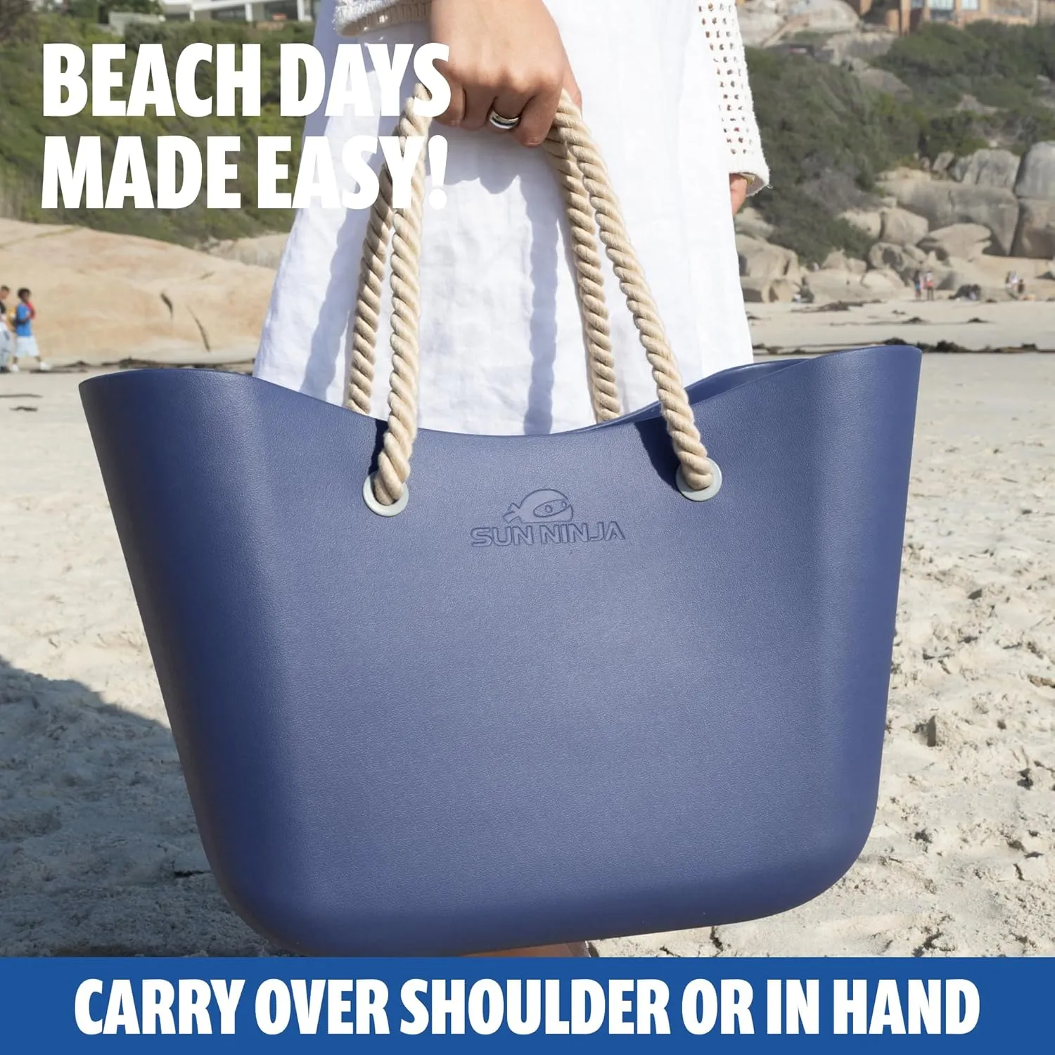 SUN NINJA Rubber Beach Bag - Extra Large Waterproof EVA Tote Bag with Comfortable Rope Handles for Beach, Boat, Pool, Outdoors & Travel - Washable, Sandproof & Anti-Skid Bottom Grip - Pink, Tote