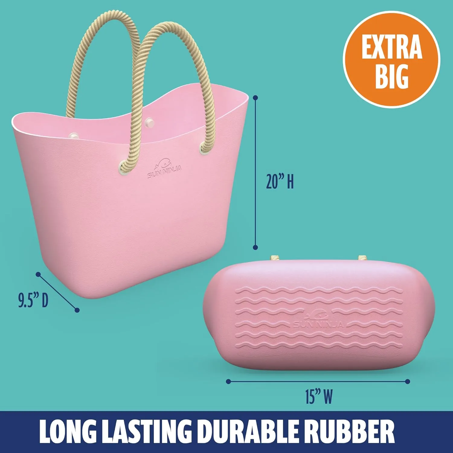 SUN NINJA Rubber Beach Bag - Extra Large Waterproof EVA Tote Bag with Comfortable Rope Handles for Beach, Boat, Pool, Outdoors & Travel - Washable, Sandproof & Anti-Skid Bottom Grip - Pink, Tote
