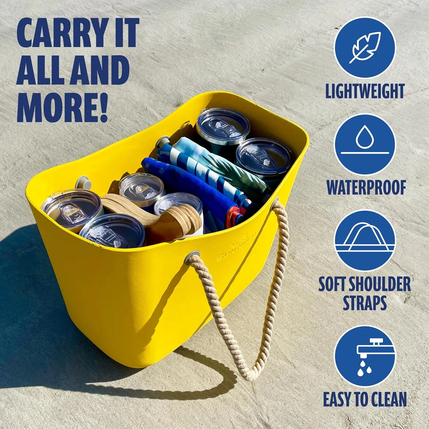 SUN NINJA Rubber Beach Bag - Extra Large Waterproof EVA Tote Bag with Comfortable Rope Handles for Beach, Boat, Pool, Outdoors & Travel - Washable, Sandproof & Anti-Skid Bottom Grip - Pink, Tote