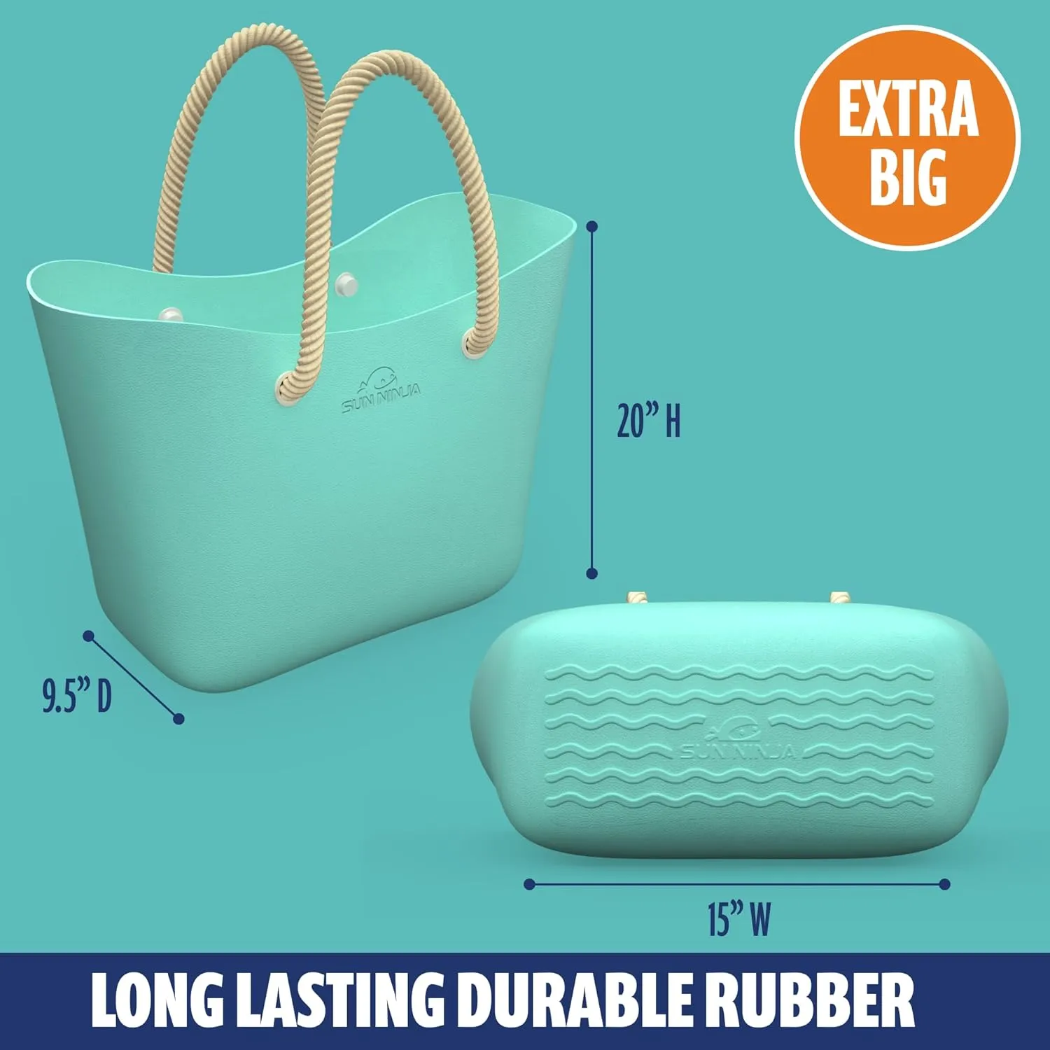 SUN NINJA Rubber Beach Bag - Extra Large Waterproof EVA Tote Bag with Comfortable Rope Handles for Beach, Boat, Pool, Outdoors & Travel - Washable, Sandproof & Anti-Skid Bottom Grip - Turquoise XL