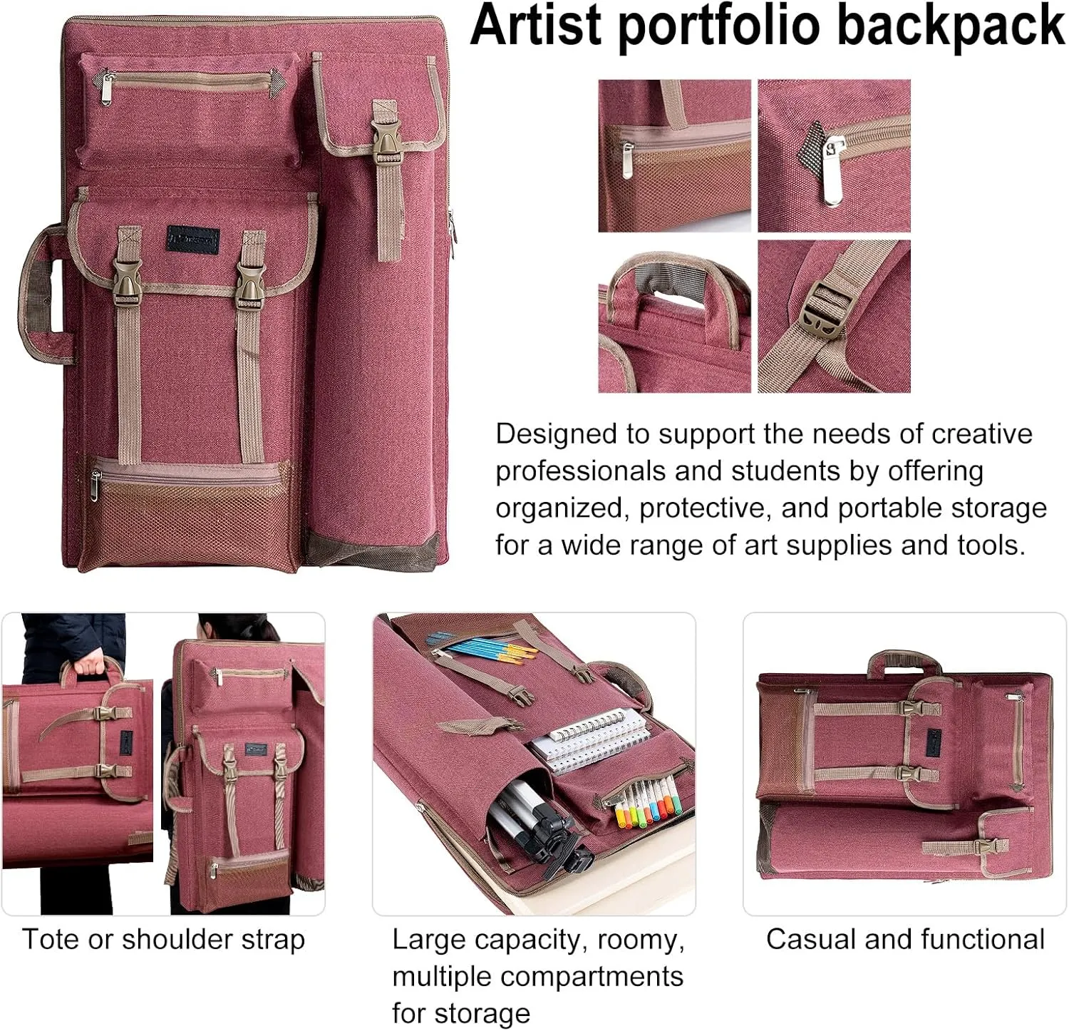 TRANSON Art Portfolio Case Artist Backpack Canvas Bag Large 26 x 19.5