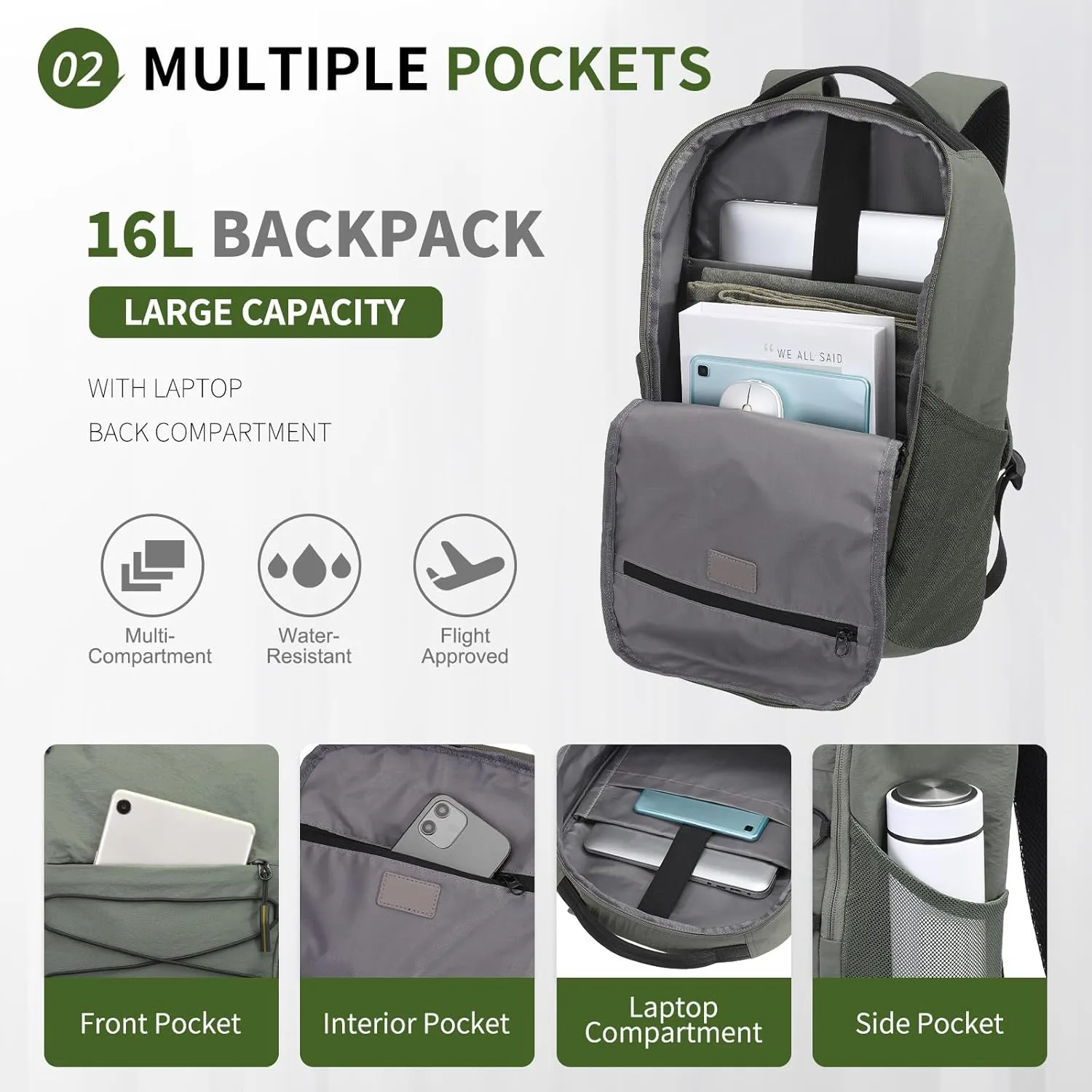 Travel Casual Backpack for Women and Men, Distinctive Design Lightweight Waterproof Daypack, for Outdoor and Daily Use, Green