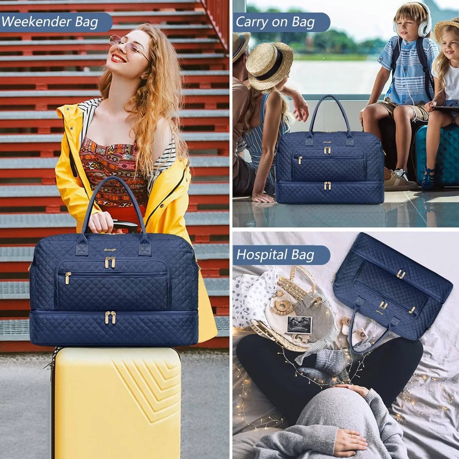 Travel Duffle Bag Weekender for Women - 38L Carry-On Overnight Bag Personal Item Bag with Shoe Compartment & Wet Pocket Weekend Tote Bags with Toiletry Bag Hospital Bags for Labor and Delivery Navy
