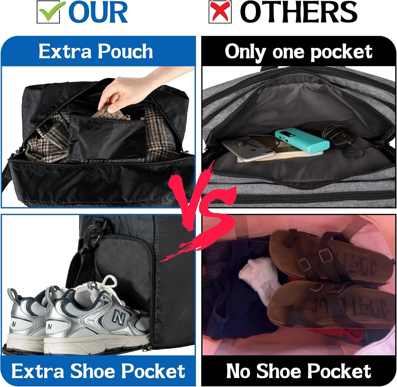 Travel Tote Bag Foldable Travel Duffel Bag For Spirit Airlines Personal Item Bag, Weekender Bags for Men Women with Shoe Compartment, Carry on Overnight Bag (Snow Black, 20L)