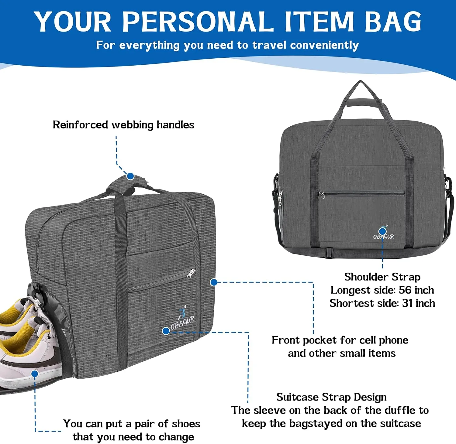 Travel Tote Bag Foldable Travel Duffel Bag For Spirit Airlines Personal Item Bag, Weekender Bags for Men Women with Shoe Compartment, Carry on Overnight Bag (Snow Black, 20L)