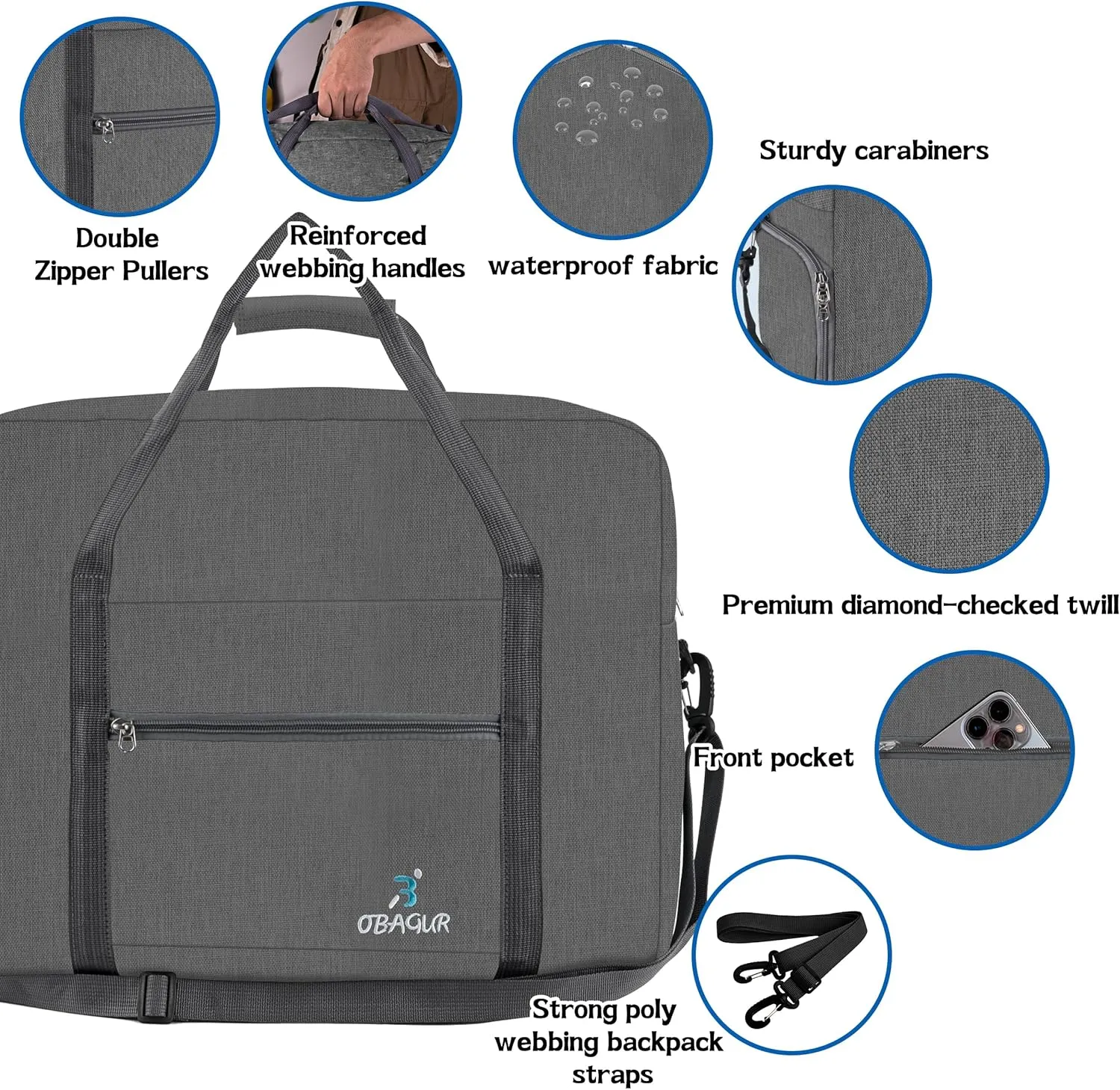 Travel Tote Bag Foldable Travel Duffel Bag For Spirit Airlines Personal Item Bag, Weekender Bags for Men Women with Shoe Compartment, Carry on Overnight Bag (Snow Black, 20L)