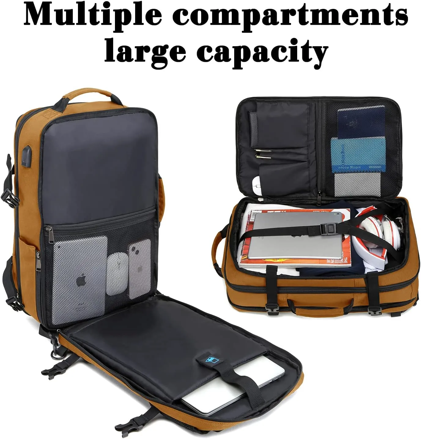 TUGUAN Travel Laptop Backpack 40L Large Computer Backpack 17 Inch with USB Charging Port for Men Expandable Backpacks Women, Brown - Suitable for Travel