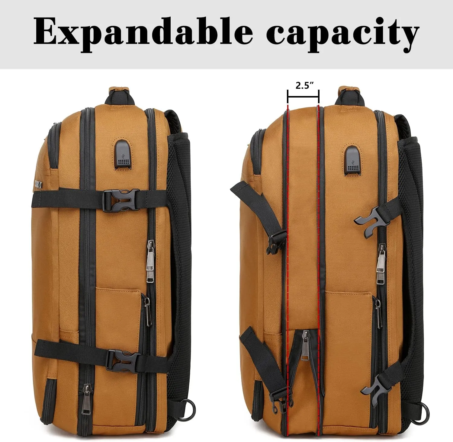 TUGUAN Travel Laptop Backpack 40L Large Computer Backpack 17 Inch with USB Charging Port for Men Expandable Backpacks Women, Brown - Suitable for Travel