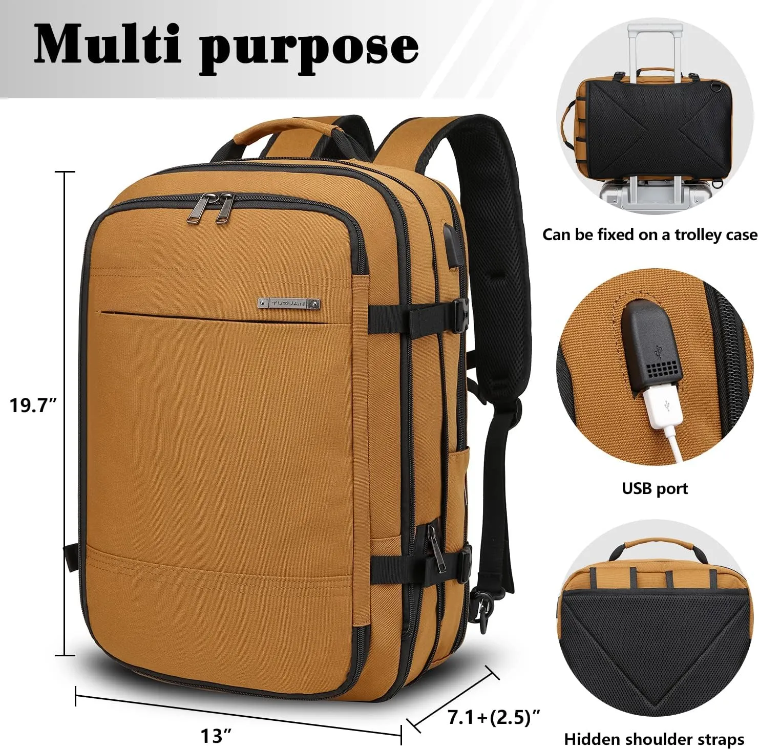 TUGUAN Travel Laptop Backpack 40L Large Computer Backpack 17 Inch with USB Charging Port for Men Expandable Backpacks Women, Brown - Suitable for Travel