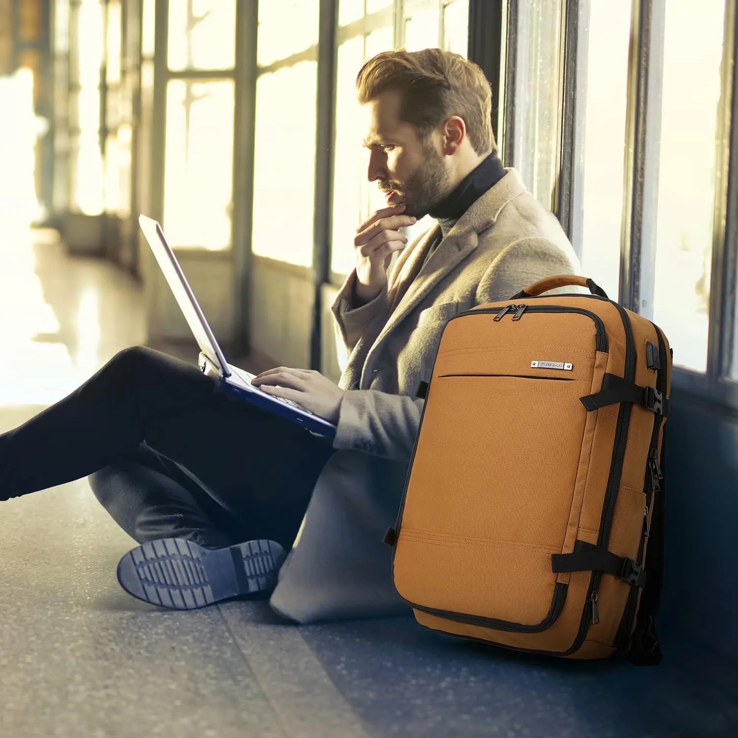 TUGUAN Travel Laptop Backpack 40L Large Computer Backpack 17 Inch with USB Charging Port for Men Expandable Backpacks Women, Brown - Suitable for Travel