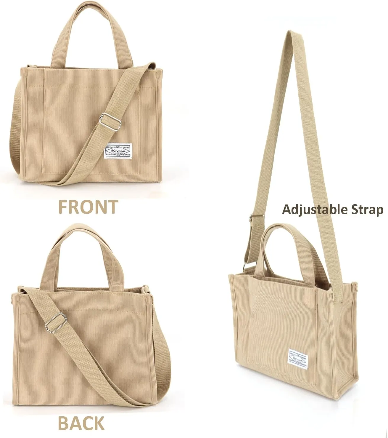 UERRUAM Corduroy Tote Bag for Women Work Crossbody Purse for Everyday,College,Travel,Lightweight Handbag Adjustable Strap