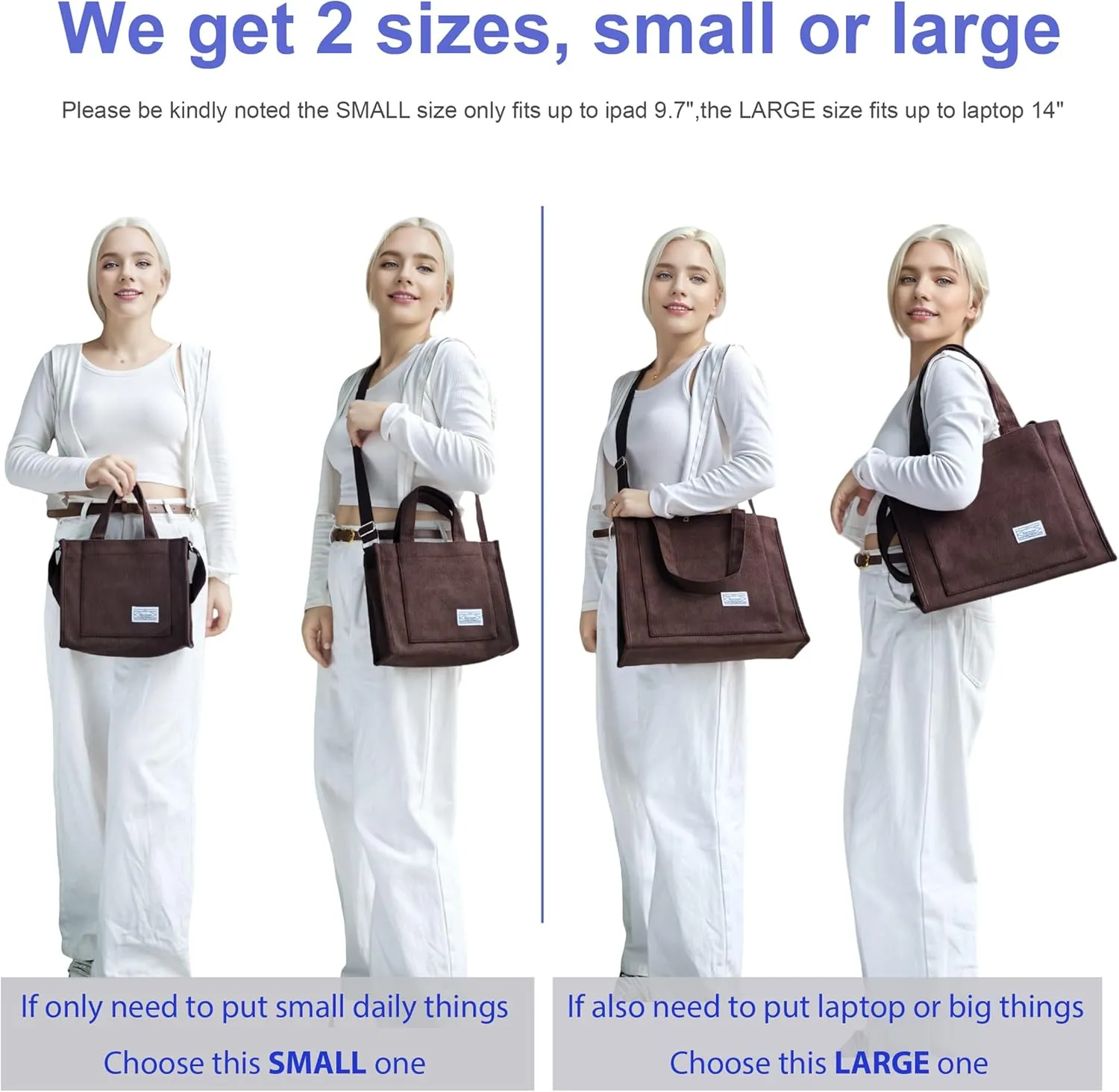 UERRUAM Corduroy Tote Bag for Women Work Crossbody Purse for Everyday,College,Travel,Lightweight Handbag Adjustable Strap