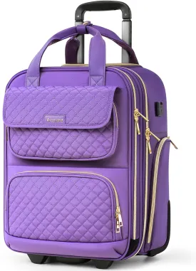 Underseat Carry On Luggage with Wheels, Airline Approved Personal Item Bag, 17-Inch Multi-functional Rolling Bag, Lightweight Overnight Suitcase for Women, Bussiness, Travel, Purple