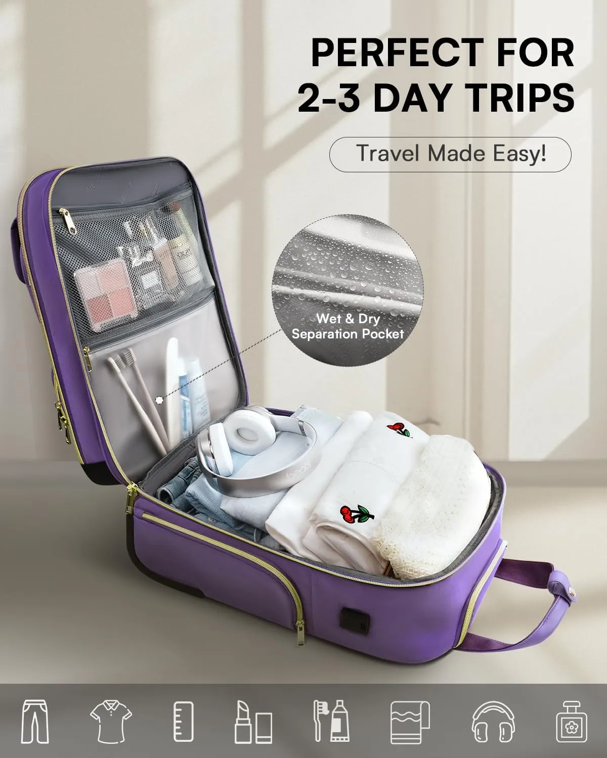 Underseat Carry On Luggage with Wheels, Airline Approved Personal Item Bag, 17-Inch Multi-functional Rolling Bag, Lightweight Overnight Suitcase for Women, Bussiness, Travel, Purple