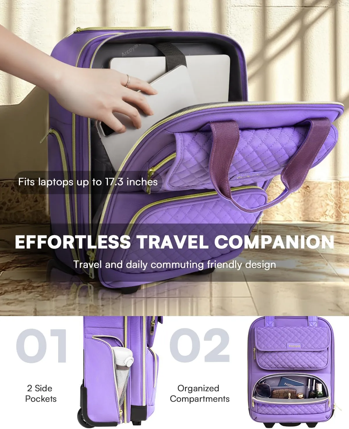 Underseat Carry On Luggage with Wheels, Airline Approved Personal Item Bag, 17-Inch Multi-functional Rolling Bag, Lightweight Overnight Suitcase for Women, Bussiness, Travel, Purple