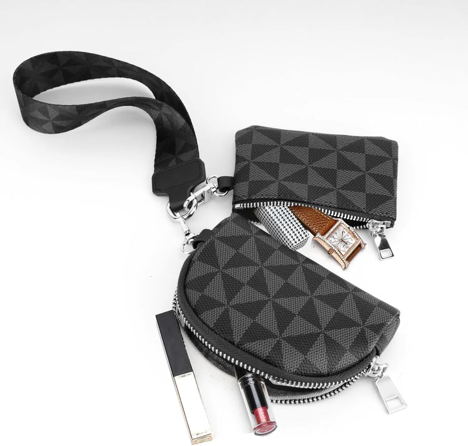 Veki Keychain Wallet Wristlet for Women, Mini Detachable Dual Coin Purse Pocket Key Chain Wallets, Portable Small Clippable Card Pouch, Zip Around Key Ring Wallet Clip Pouch (Black Pattern)