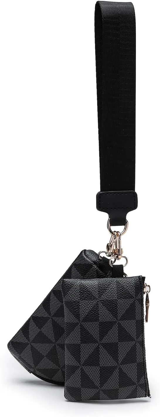 Veki Keychain Wallet Wristlet for Women, Mini Detachable Dual Coin Purse Pocket Key Chain Wallets, Portable Small Clippable Card Pouch, Zip Around Key Ring Wallet Clip Pouch (Black Pattern)
