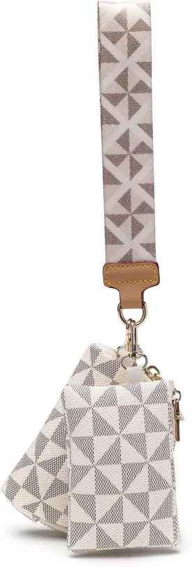 Veki Keychain Wallet Wristlet for Women, Mini Detachable Dual Coin Purse Pocket Key Chain Wallets, Portable Small Clippable Card Pouch, Zip Around Key Ring Wallet Clip Pouch (White pattern)