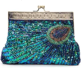 Vintage Beaded Sequin Peacock Clutch Purse Evening Bags (Blue)