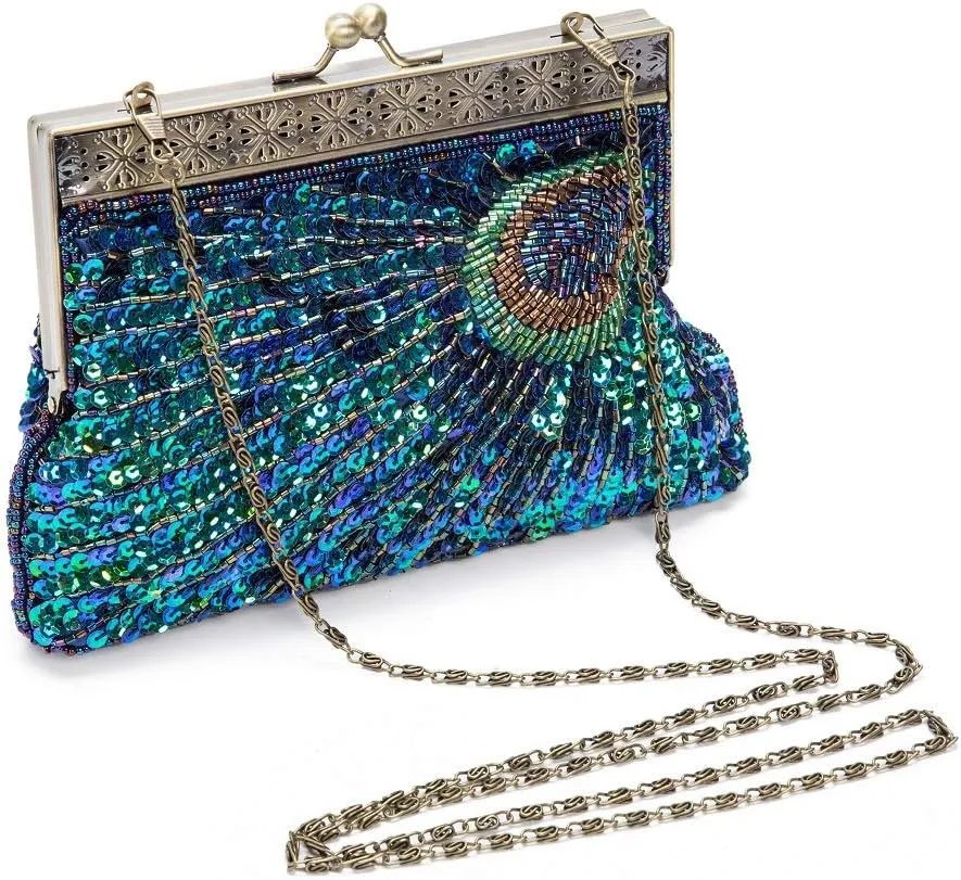 Vintage Beaded Sequin Peacock Clutch Purse Evening Bags (Blue)