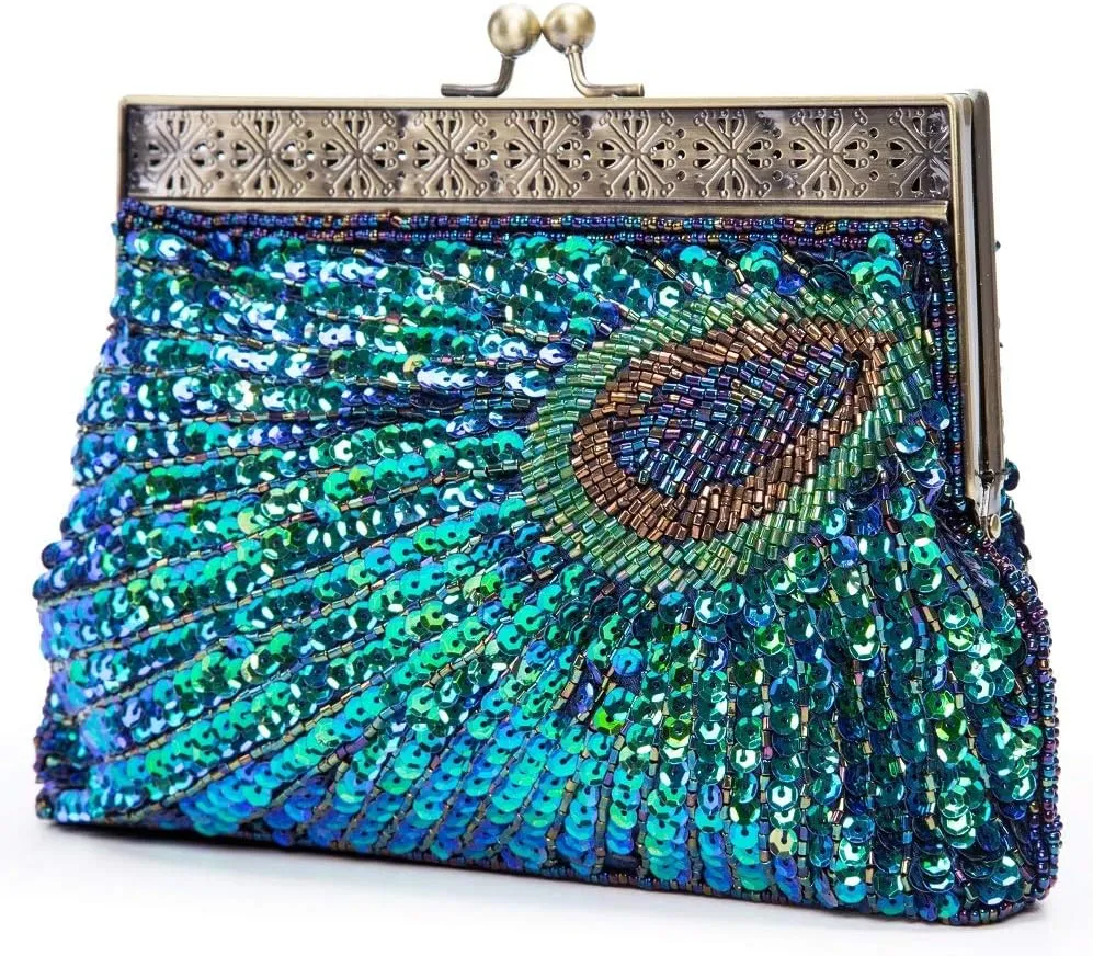 Vintage Beaded Sequin Peacock Clutch Purse Evening Bags (Blue)