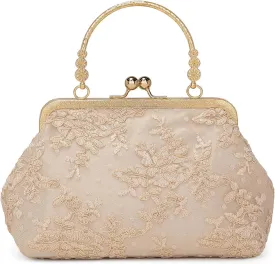 Vintage Embroidery Lace Floral Clutch Purse for Women Formal Evening Bag Kiss Lock Handbag Wedding Cocktail Party Purse