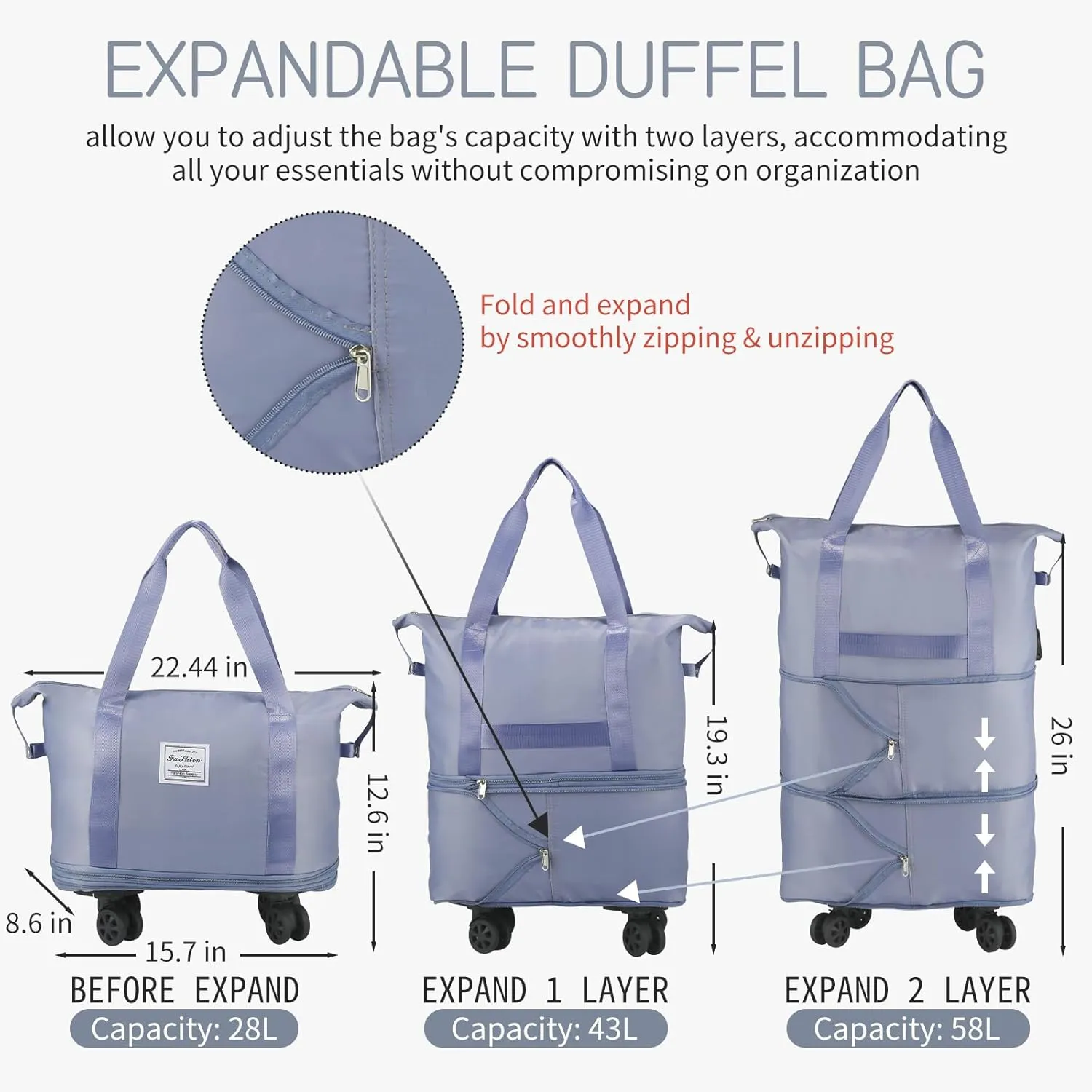 VOOWO Rolling Duffle Bag with Wheels, Expandable Foldable Duffle Bag for Travel, Rolling Under Seat Luggage Carry on Duffel Bags, Wheeled Travel Duffel Large Overnight Weekend Bags (Blue)