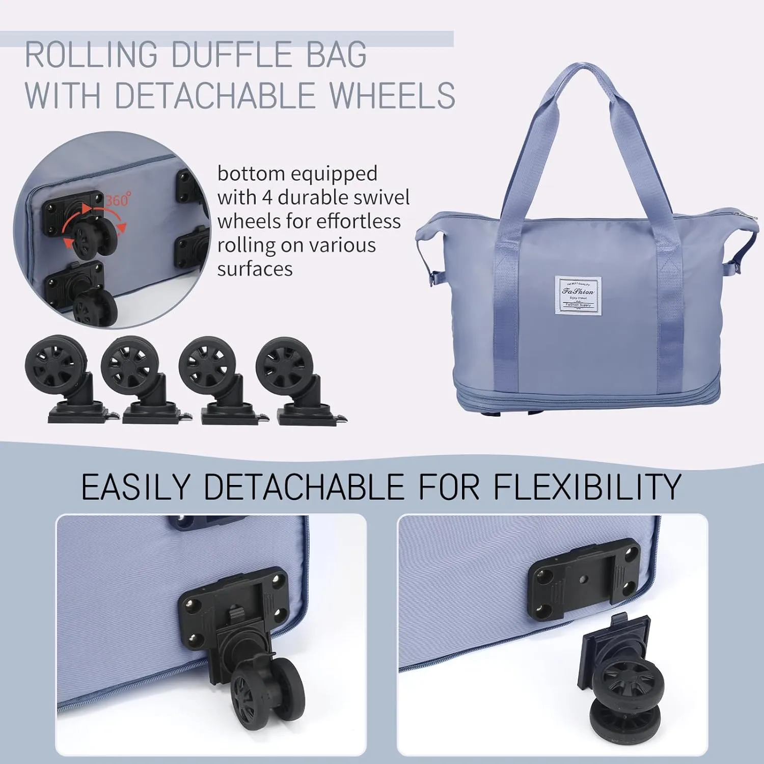 VOOWO Rolling Duffle Bag with Wheels, Expandable Foldable Duffle Bag for Travel, Rolling Under Seat Luggage Carry on Duffel Bags, Wheeled Travel Duffel Large Overnight Weekend Bags (Blue)