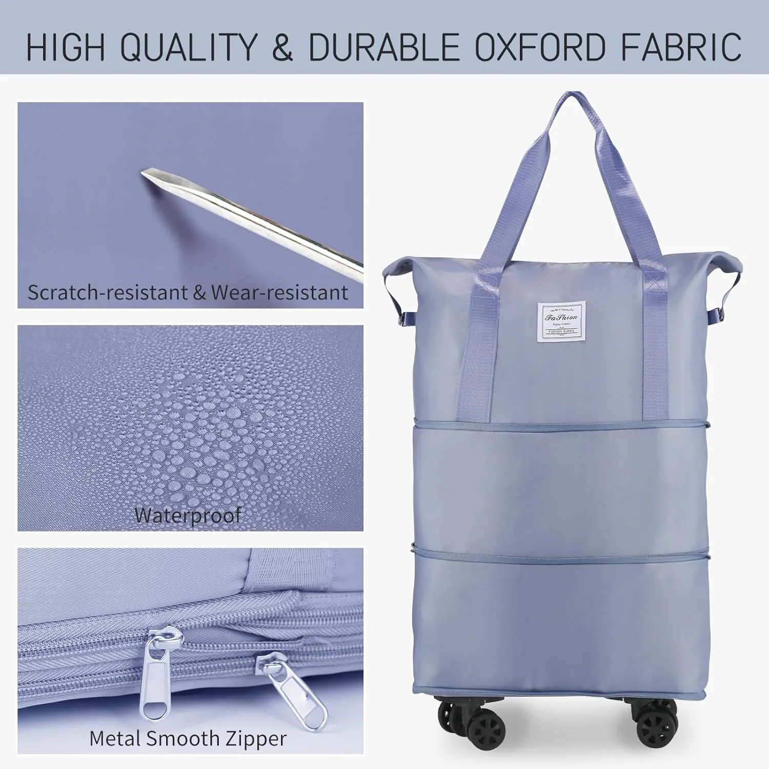 VOOWO Rolling Duffle Bag with Wheels, Expandable Foldable Duffle Bag for Travel, Rolling Under Seat Luggage Carry on Duffel Bags, Wheeled Travel Duffel Large Overnight Weekend Bags (Blue)