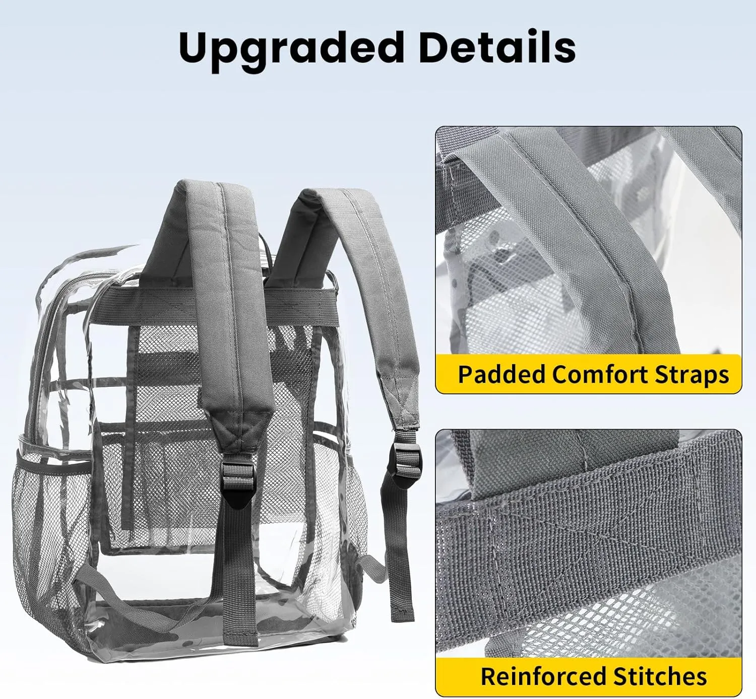 Vorspack Clear Backpack Heavy Duty - Clear Book Bag with Multi-pockets Large See Through Backpack for College Workplace - Grey