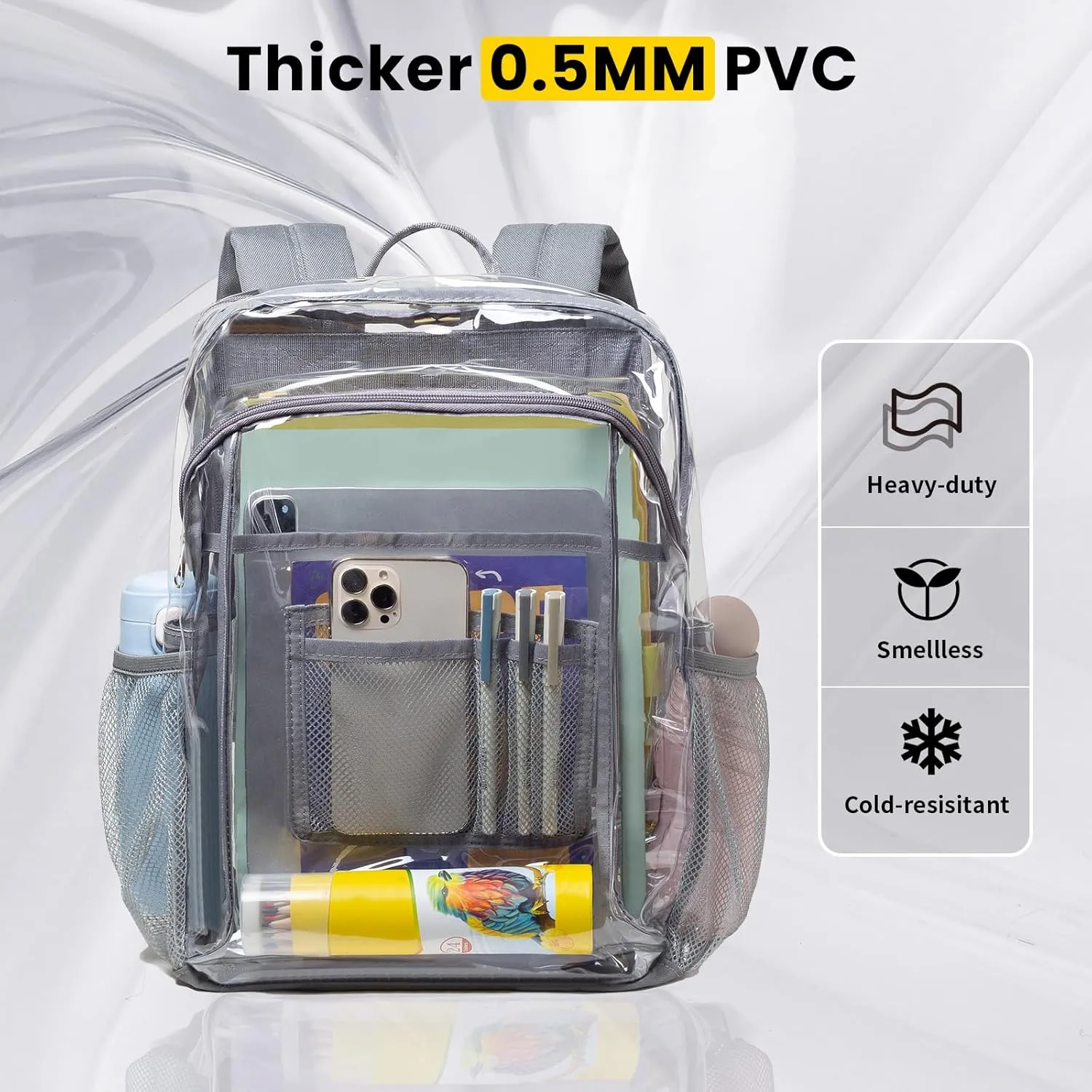 Vorspack Clear Backpack Heavy Duty - Clear Book Bag with Multi-pockets Large See Through Backpack for College Workplace - Grey