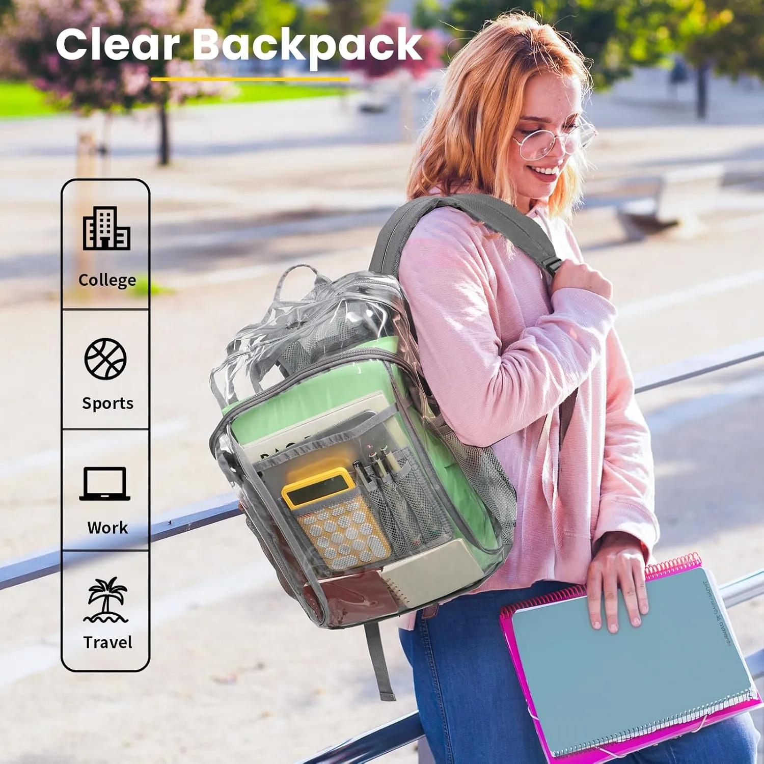 Vorspack Clear Backpack Heavy Duty - Clear Book Bag with Multi-pockets Large See Through Backpack for College Workplace - Grey