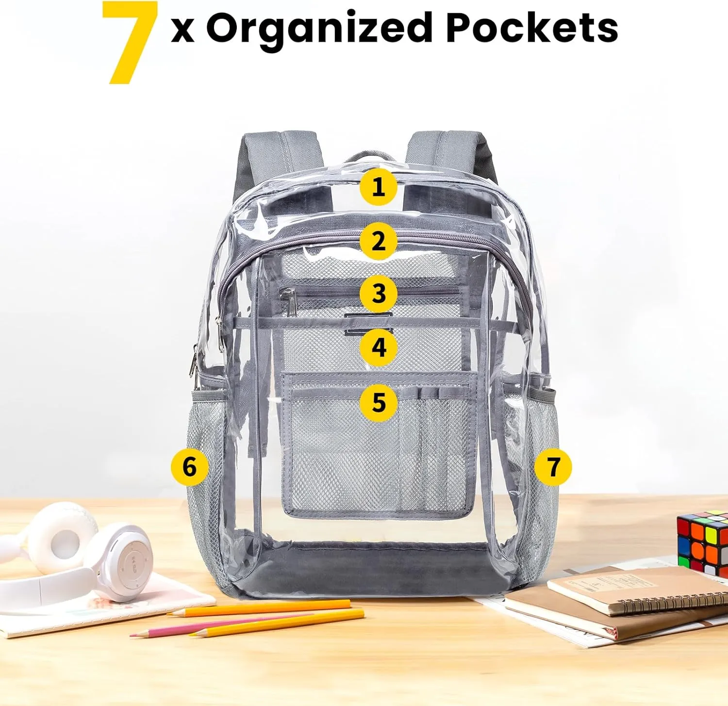 Vorspack Clear Backpack Heavy Duty - Clear Book Bag with Multi-pockets Large See Through Backpack for College Workplace - Grey
